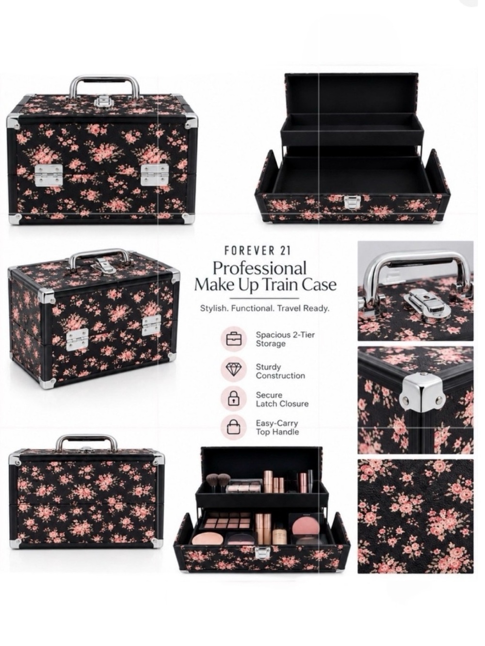 FOREVER 21 PROFESSIONAL MAKE UP TRAIN CASE - BLACK FLORAL (NEW WITH TAGS)